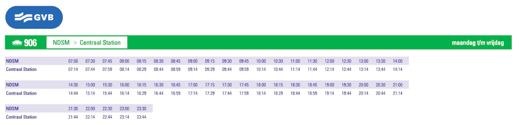 GVB Amsterdam ferry timetable  weekdays