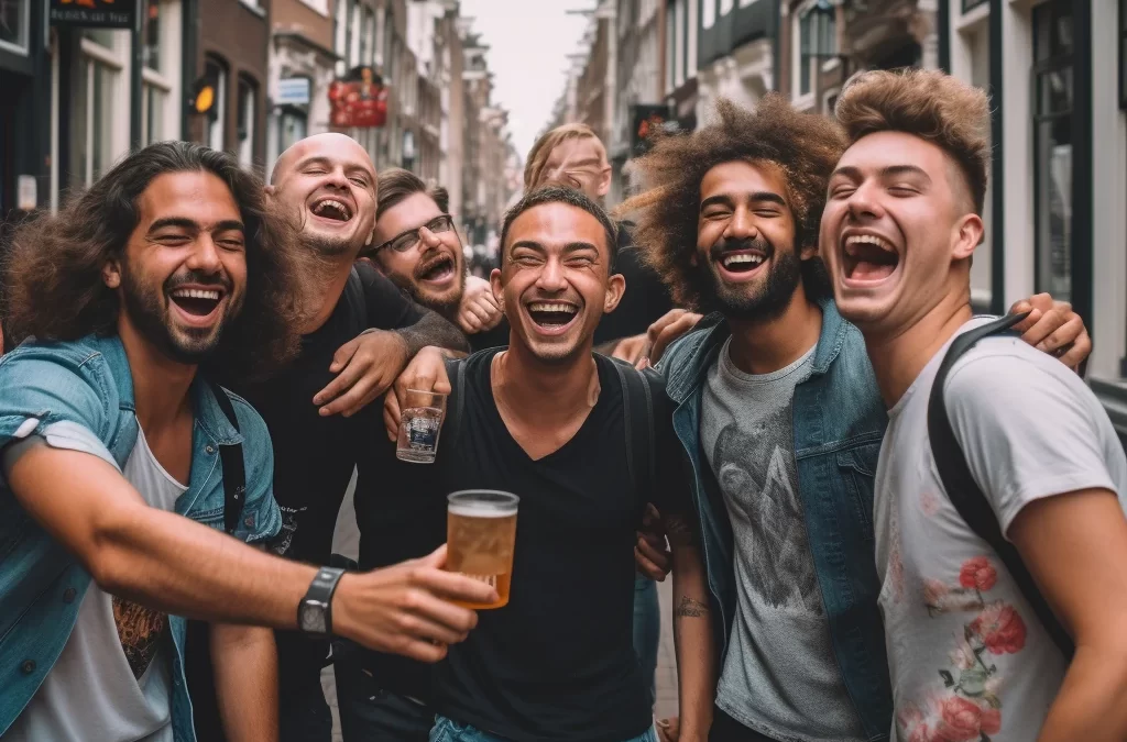 Joyful group of friends on a beer bike tour, celebrating a bachelor party in Amsterdam